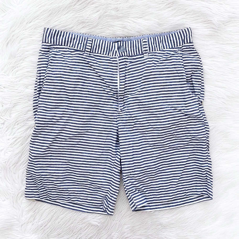 Tahari Mens White Blue Stripe Linen Cotton Chino Nautical Flat Front Shorts